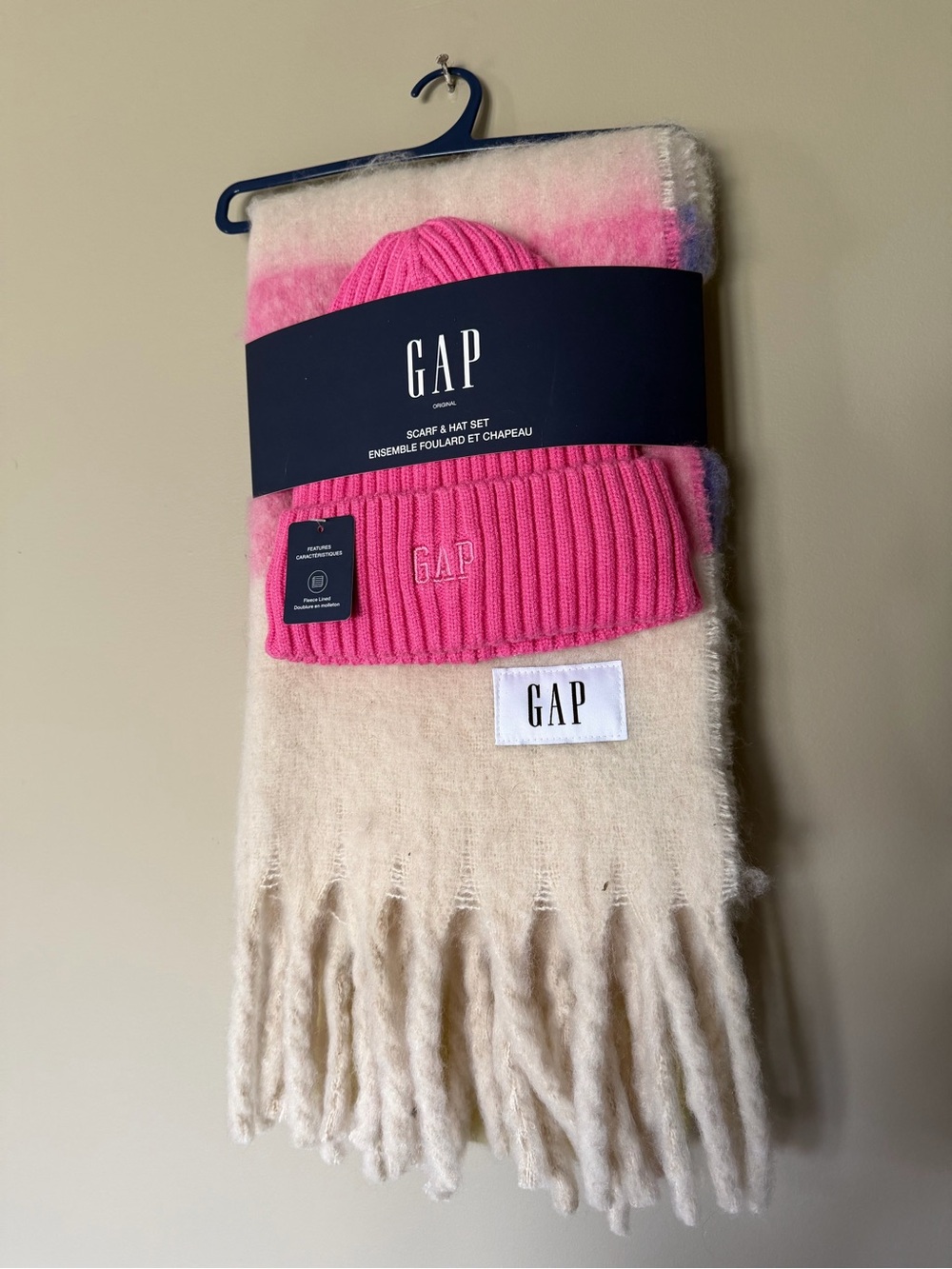 GAP Pink Beanie and Cream Ombre Fringe Scarf Set